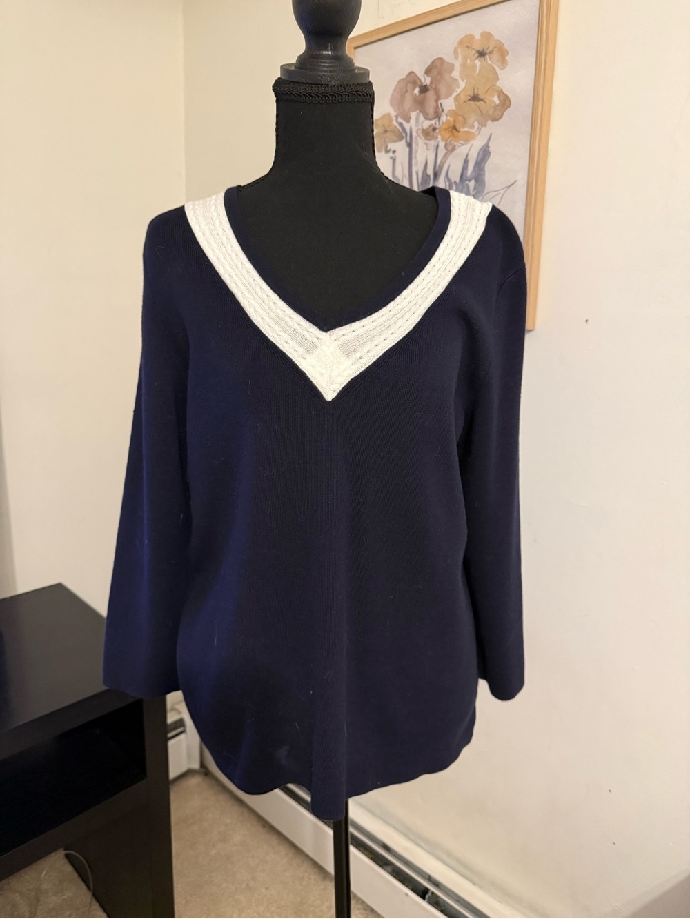 Ann Taylor Navy V-Neck Sweater with White Trim - Women